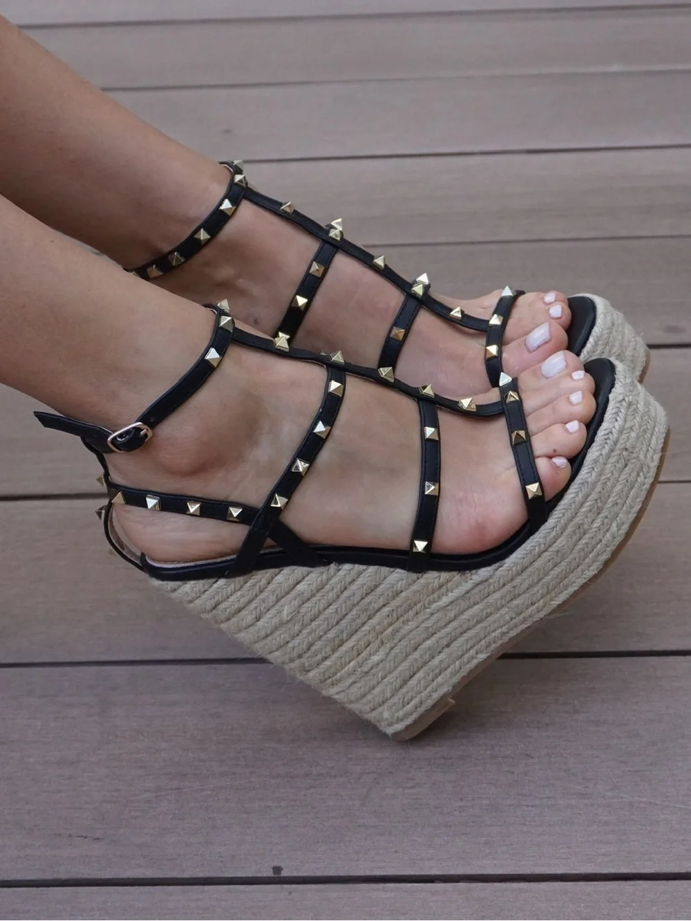 Studded Black T-Strap Espadrille Wedge Sandals